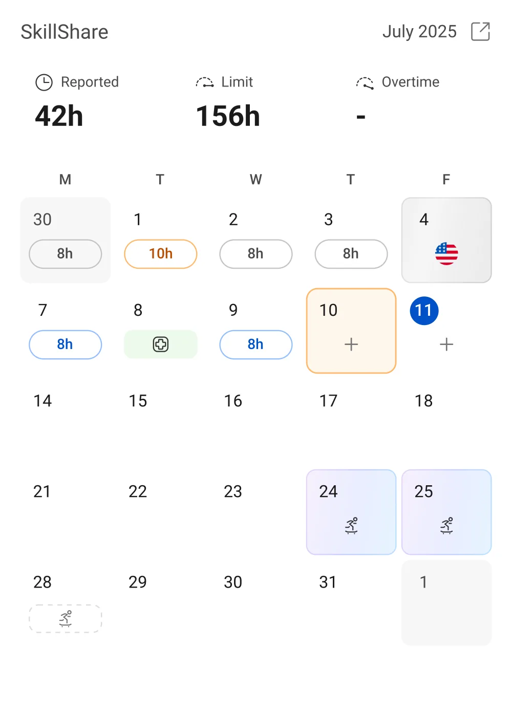 TimeMe dashboard showing calendar, time tracking, and team management features